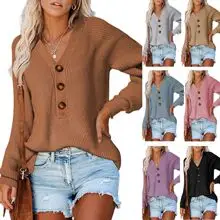 V-Neck Leopard Print Knit Pullover Top Blue White — feature 79