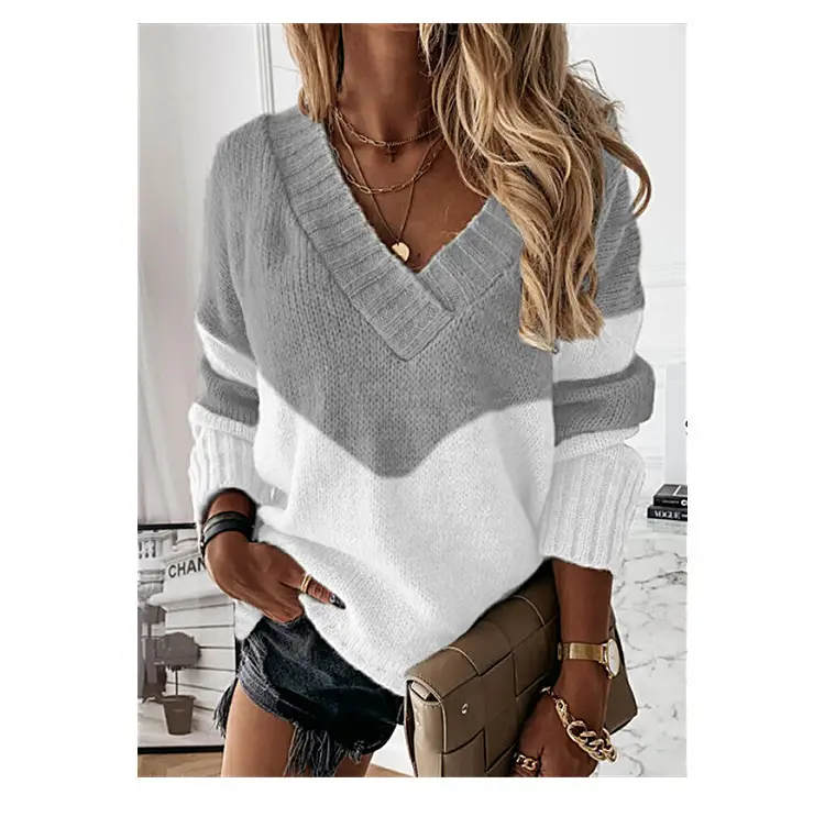 V-Neck Leopard Print Knit Pullover Top Blue White
