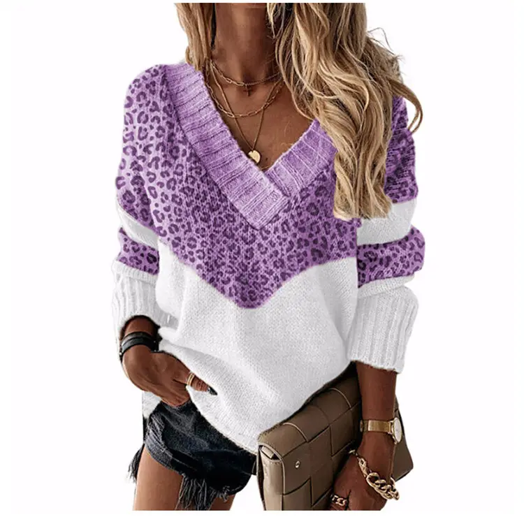 V-Neck Leopard Print Knit Pullover Top Blue White