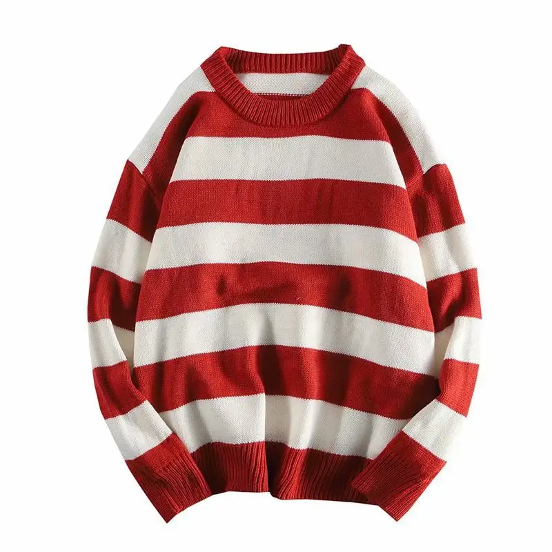 Men's Red White Striped Knit Sweatshirt Winter Casual - Image 3