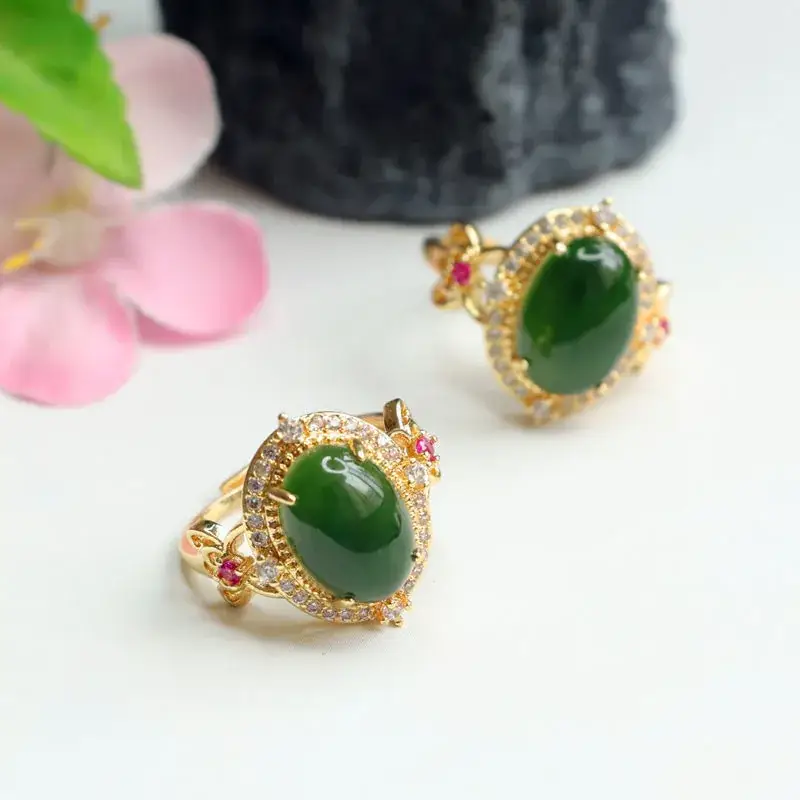 Guan Yu Jade Spinach Green Ring with Red Stones - Image 4