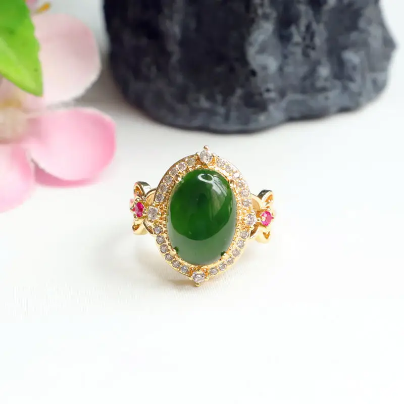 Guan Yu Jade Spinach Green Ring with Red Stones — feature 4