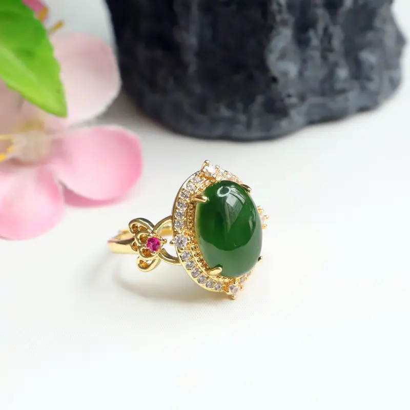 Guan Yu Jade Spinach Green Ring with Red Stones — feature 5
