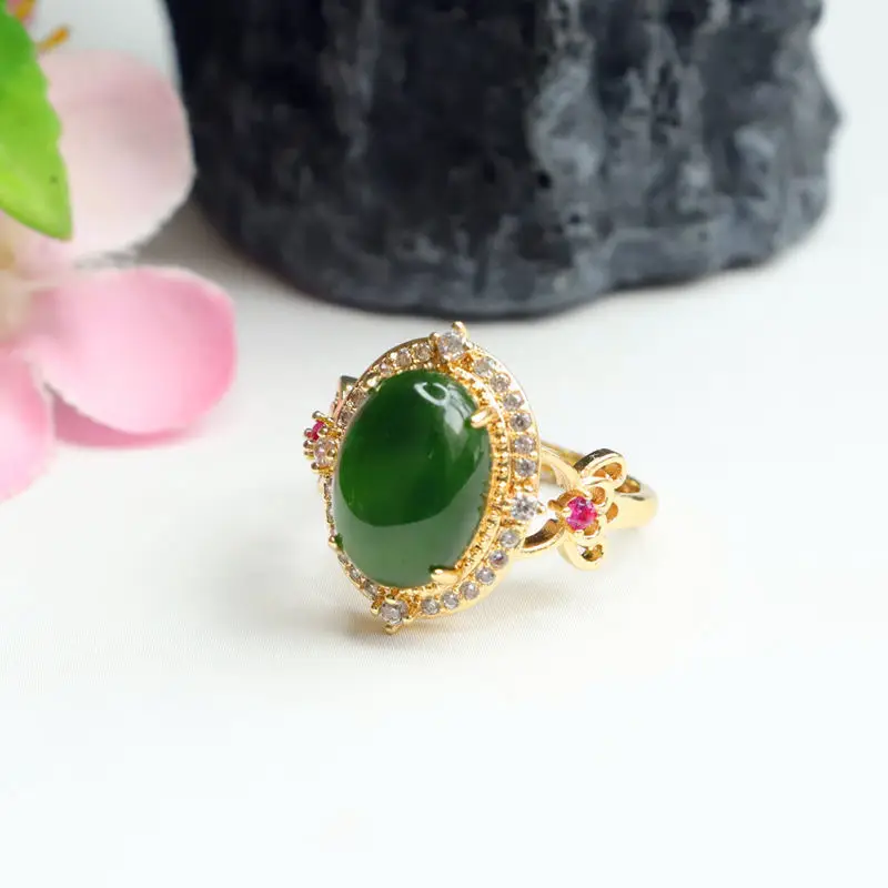 Guan Yu Jade Spinach Green Ring with Red Stones — feature 6
