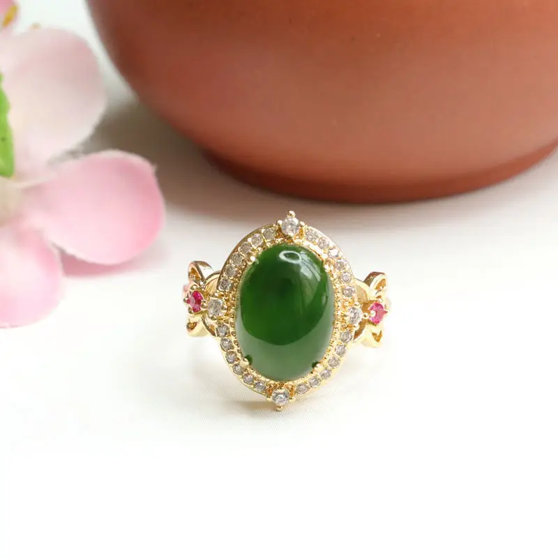 Guan Yu Jade Spinach Green Ring with Red Stones — feature 7