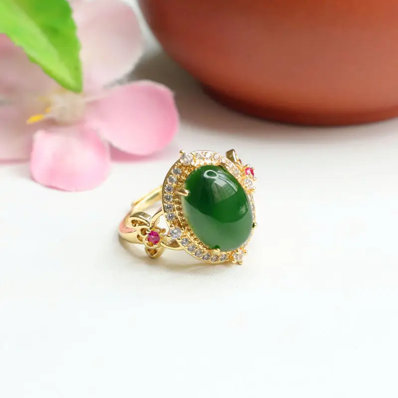 Guan Yu Jade Spinach Green Ring with Red Stones — feature 8