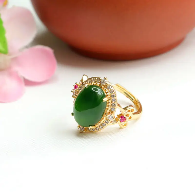 Guan Yu Jade Spinach Green Ring with Red Stones — feature 9