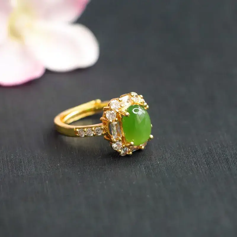 Guan Yu Jade Green Ring with Diamond Set