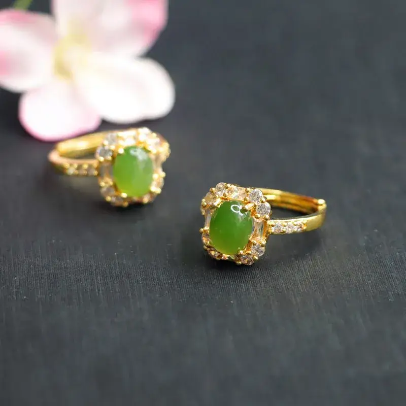 Guan Yu Jade Green Ring with Diamond Set