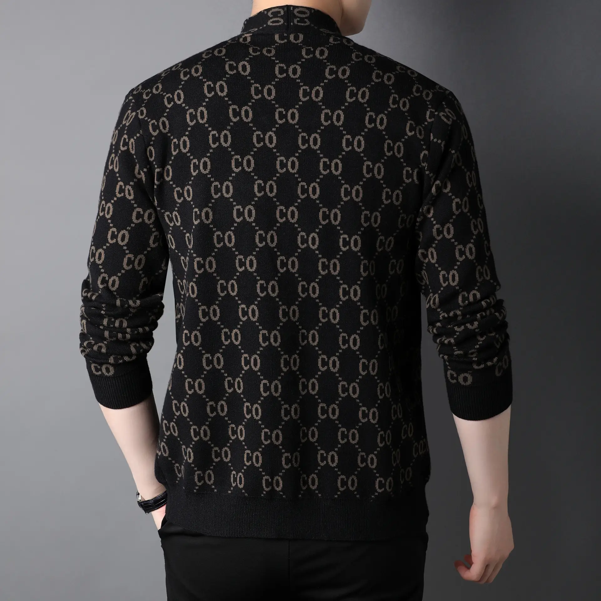 Men's Black Knitted Cardigan with Guitote Print