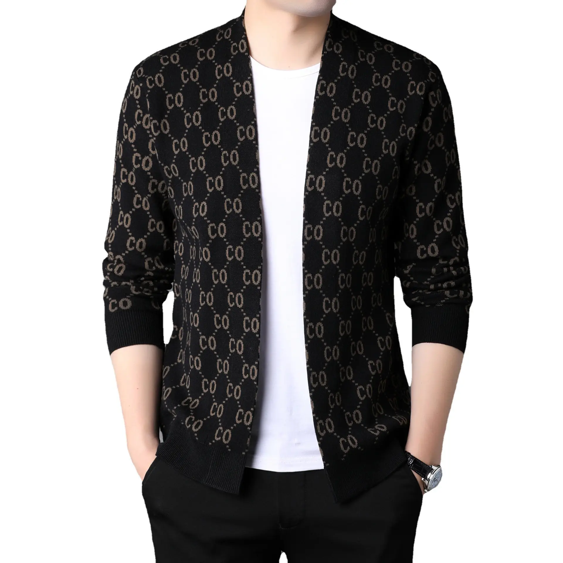 Men's Black Knitted Cardigan with Guitote Print