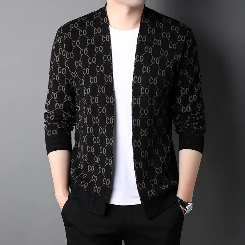Men's Black Knitted Cardigan with Guitote Print