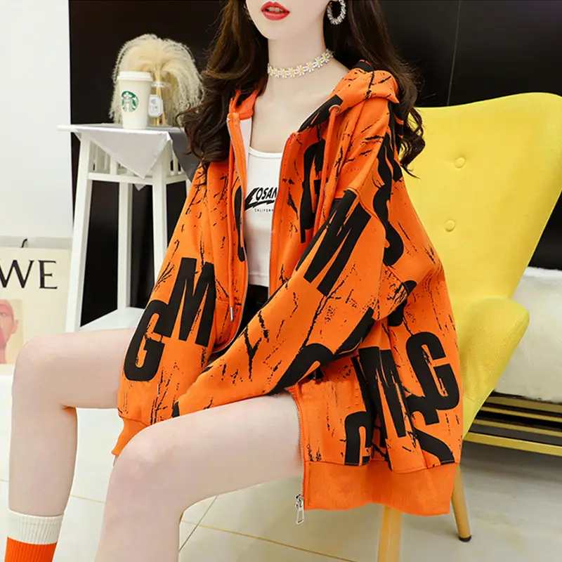 Women Hooded Sweatshirt Jacket Letter Print Autumn Wear - Image 5