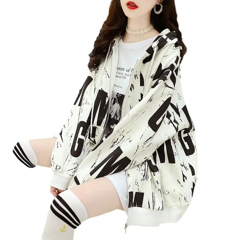 Women Hooded Sweatshirt Jacket Letter Print Autumn Wear - Image 7