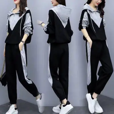 Women Hooded Track Suit Black Grey Plus Size 2024