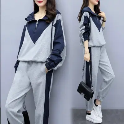 Women Hooded Track Suit Black Grey Plus Size 2024