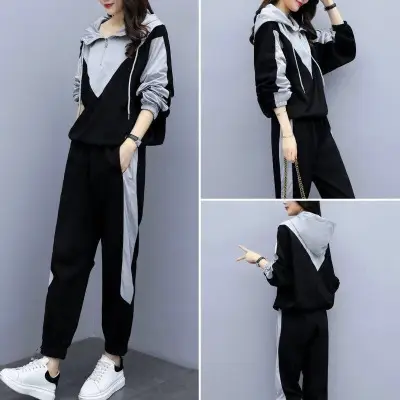 Women Hooded Track Suit Black Grey Plus Size 2024