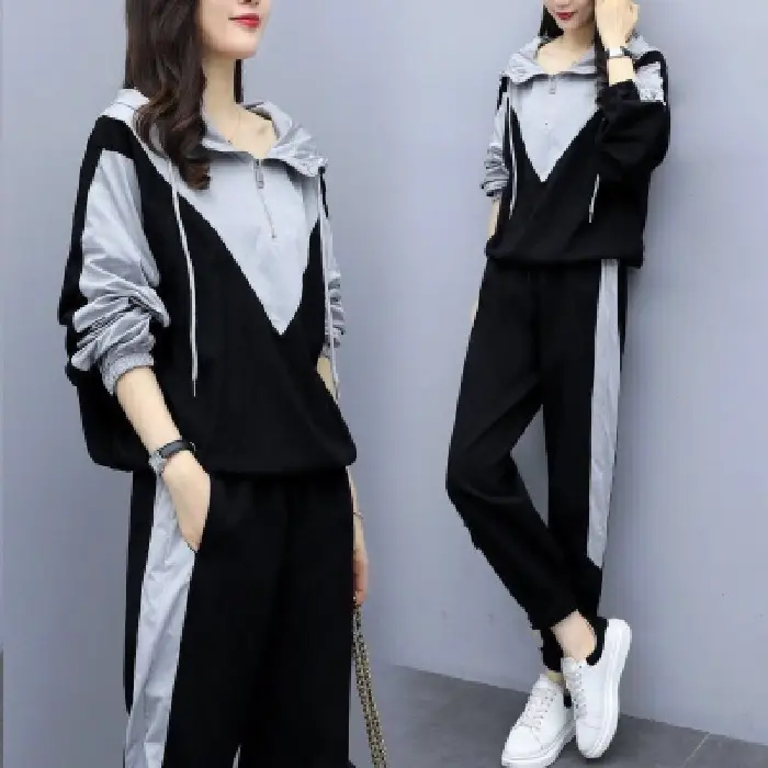 Women Hooded Track Suit Black Grey Plus Size 2024