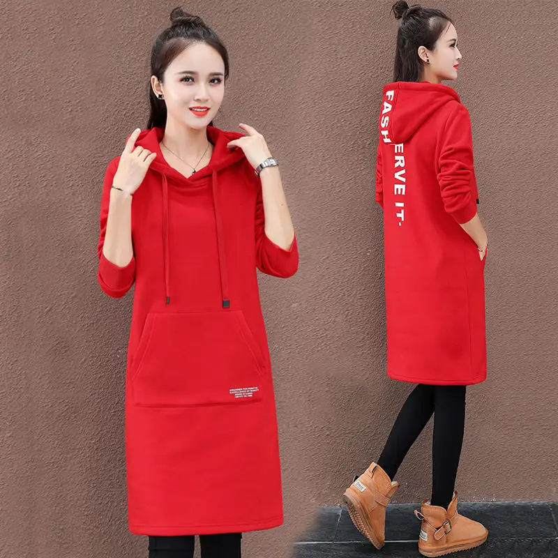 Women Green Hooded Sweatshirt Mid-Length Winter Warm - Image 3
