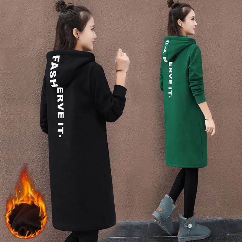 Women Green Hooded Sweatshirt Mid-Length Winter Warm - Image 5