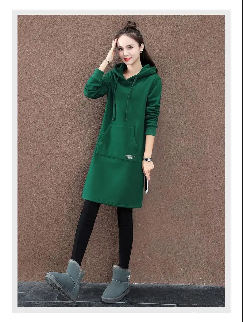 Women Green Hooded Sweatshirt Mid-Length Winter Warm — feature 10