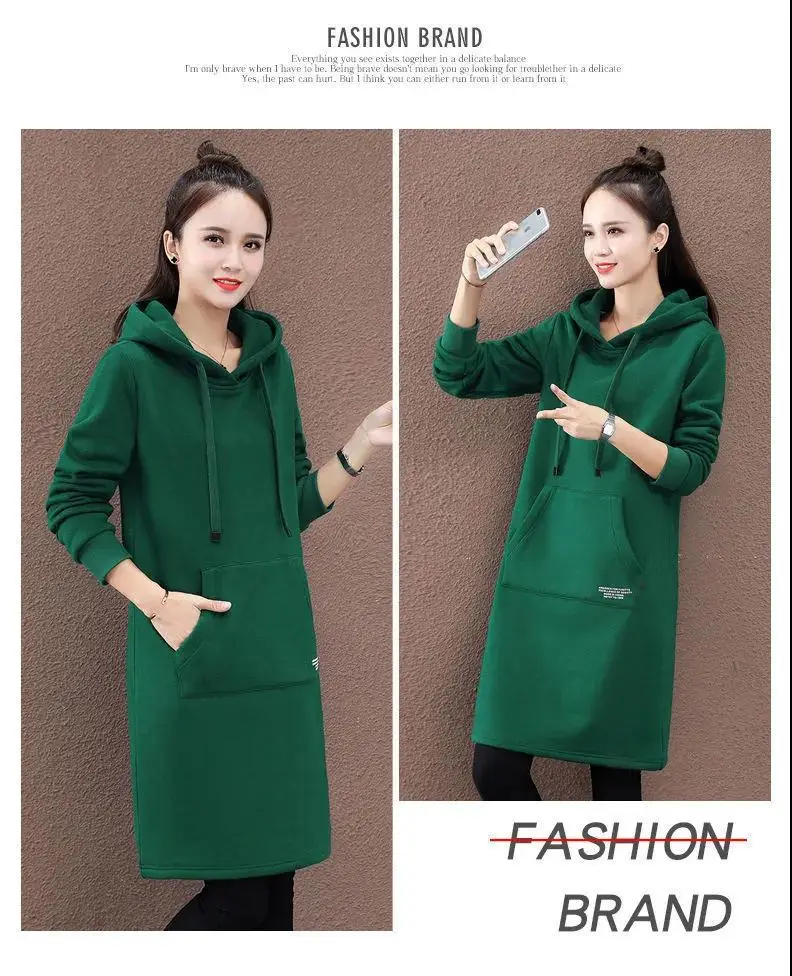 Women Green Hooded Sweatshirt Mid-Length Winter Warm — feature 11