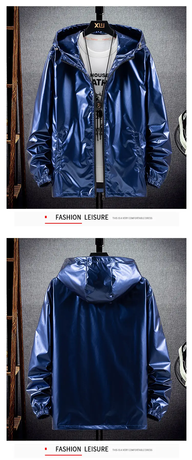 Men's Blue Korean Style Hooded Jacket Large — feature 11