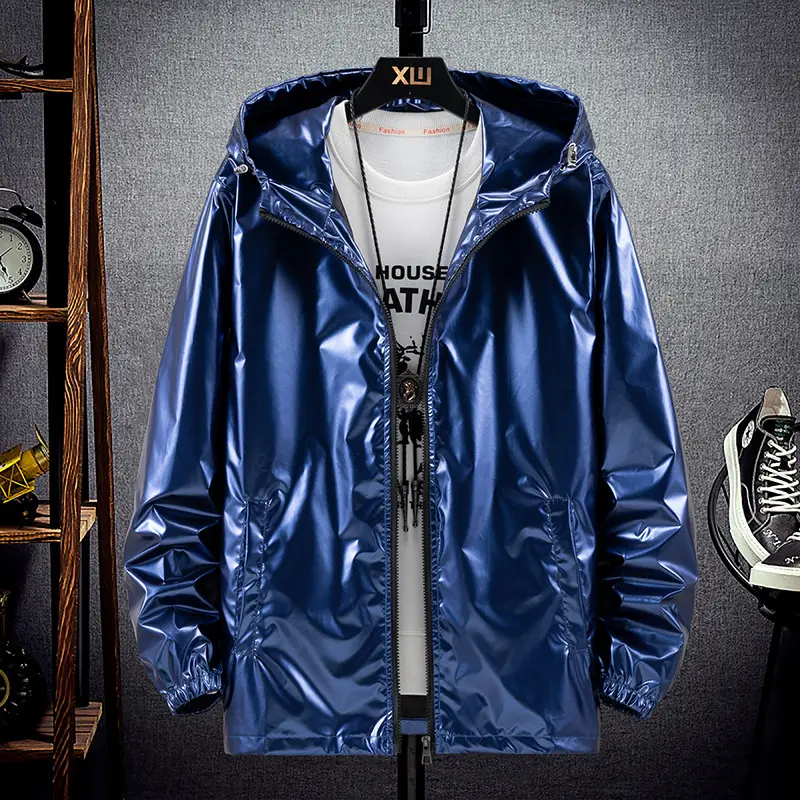 Men's Blue Korean Style Hooded Jacket Large - Image 3
