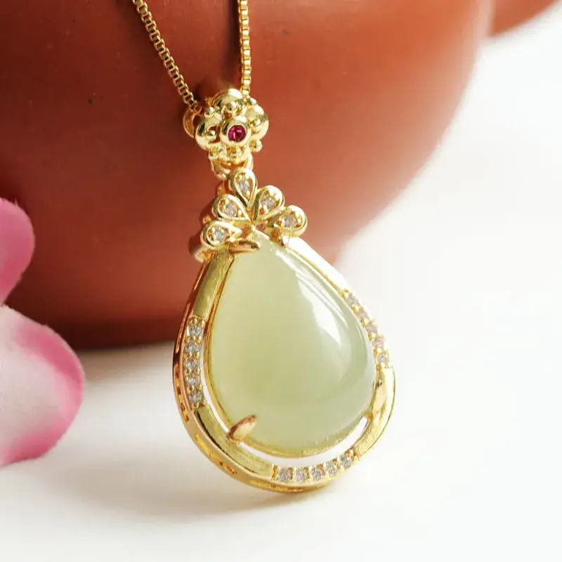 Guan Yu Jade Pendant Necklace Gold Plated Water Drop Design - Image 2