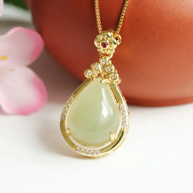 Guan Yu Jade Pendant Necklace Gold Plated Water Drop Design - Image 3