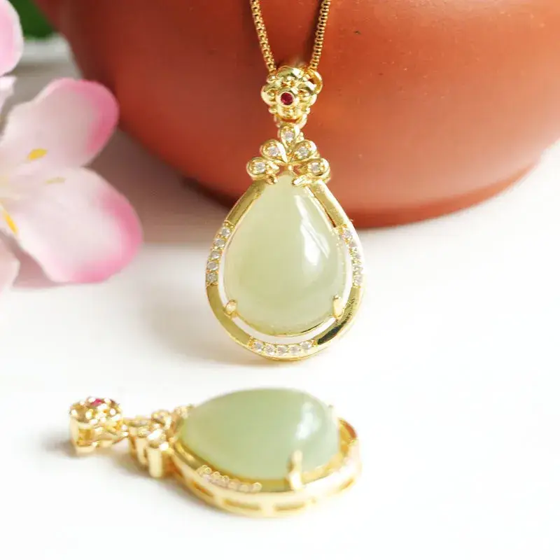 Guan Yu Jade Pendant Necklace Gold Plated Water Drop Design - Image 4