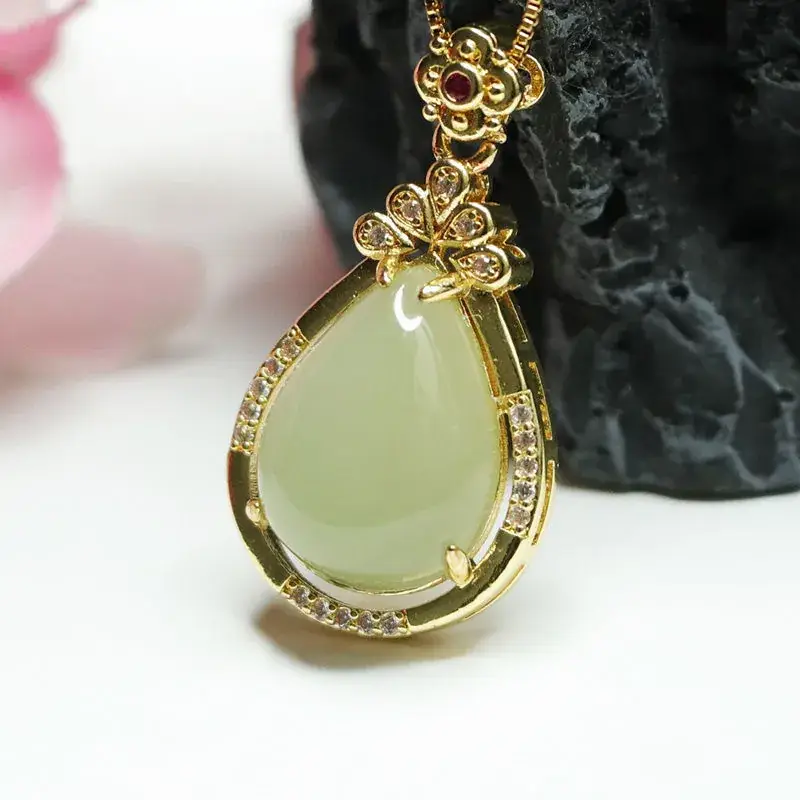Guan Yu Jade Pendant Necklace Gold Plated Water Drop Design — feature 12