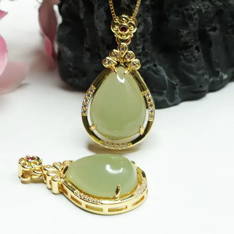 Guan Yu Jade Pendant Necklace Gold Plated Water Drop Design — feature 13