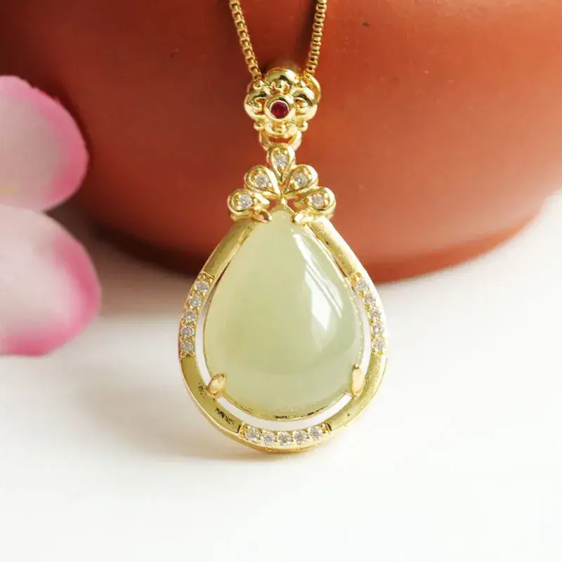 Guan Yu Jade Pendant Necklace Gold Plated Water Drop Design — feature 4
