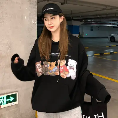 Women Bear Printed Hooded Sweatshirt White Fleece Winter - Image 2