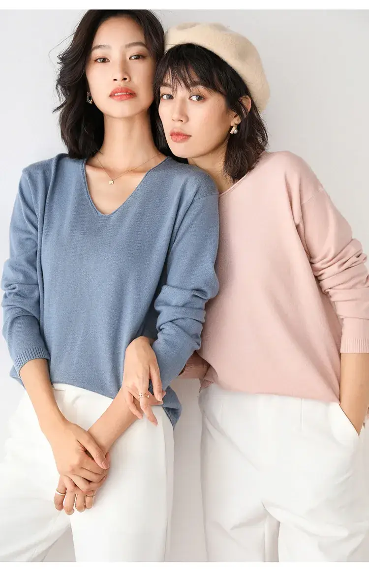 Women's Pink V Neck Knit Sweatshirt Set — feature 20