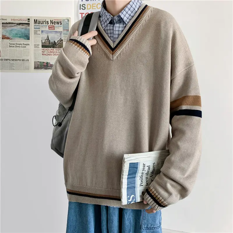 Men V-neck Knitted Sweater Blue Korean Style - Image 4