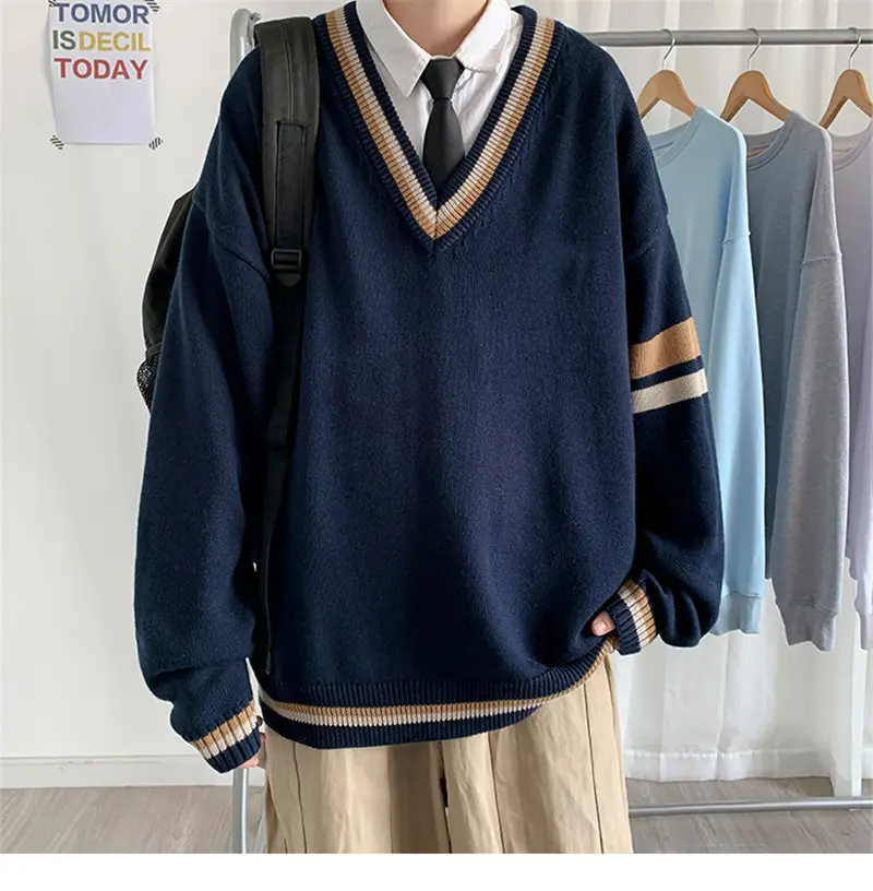 Men V-neck Knitted Sweater Blue Korean Style - Image 5