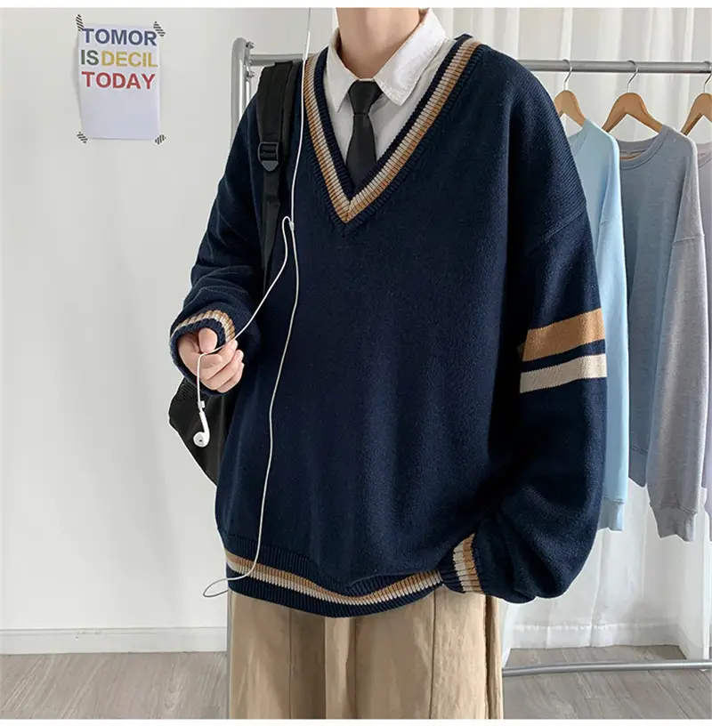 Men V-neck Knitted Sweater Blue Korean Style - Image 6