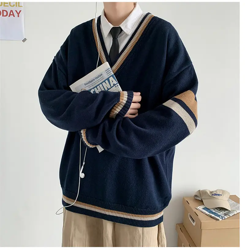 Men V-neck Knitted Sweater Blue Korean Style - Image 7