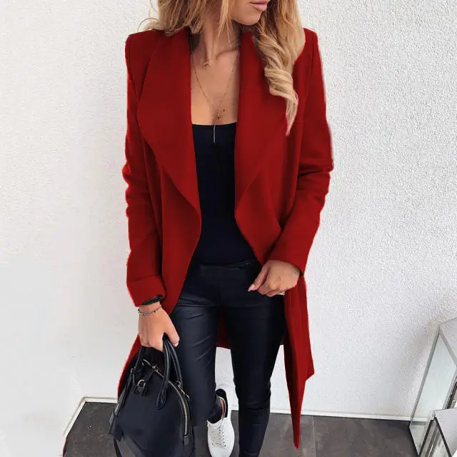 Women Woolen Coat Red Black Tie-Up Large Lapel - Image 10