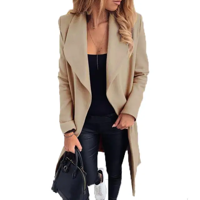 Women Woolen Coat Red Black Tie-Up Large Lapel - Image 12