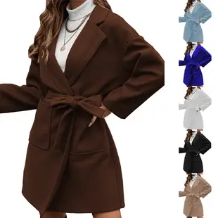 Women Woolen Coat Red Black Tie-Up Large Lapel — feature 15