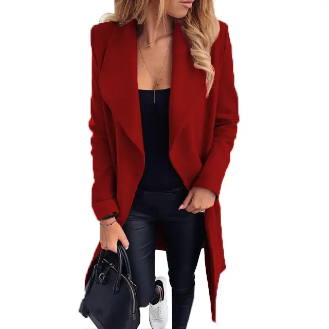 Women Woolen Coat Red Black Tie-Up Large Lapel - Image 5