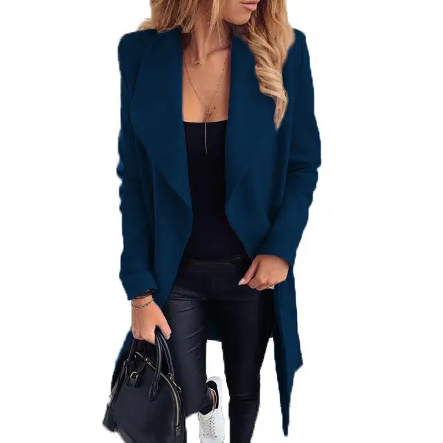 Women Woolen Coat Red Black Tie-Up Large Lapel - Image 7