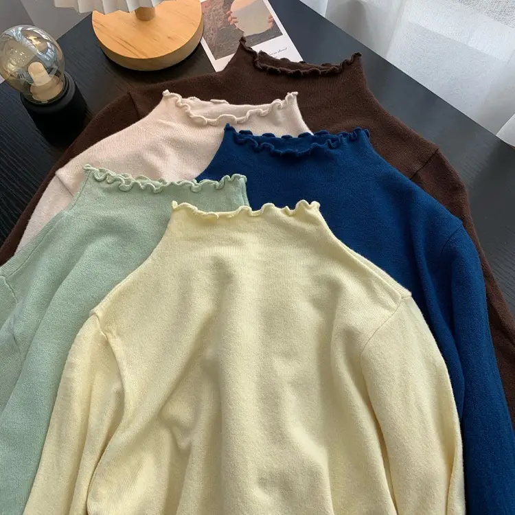 Women's Blue Half Turtleneck Cashmere Long Sleeve Shirt - Image 12