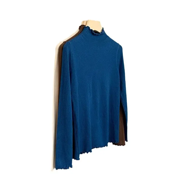 Women's Blue Half Turtleneck Cashmere Long Sleeve Shirt - Image 13