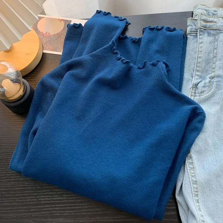 Women's Blue Half Turtleneck Cashmere Long Sleeve Shirt - Image 2