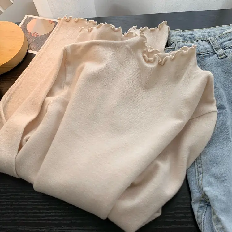 Women's Blue Half Turtleneck Cashmere Long Sleeve Shirt - Image 4