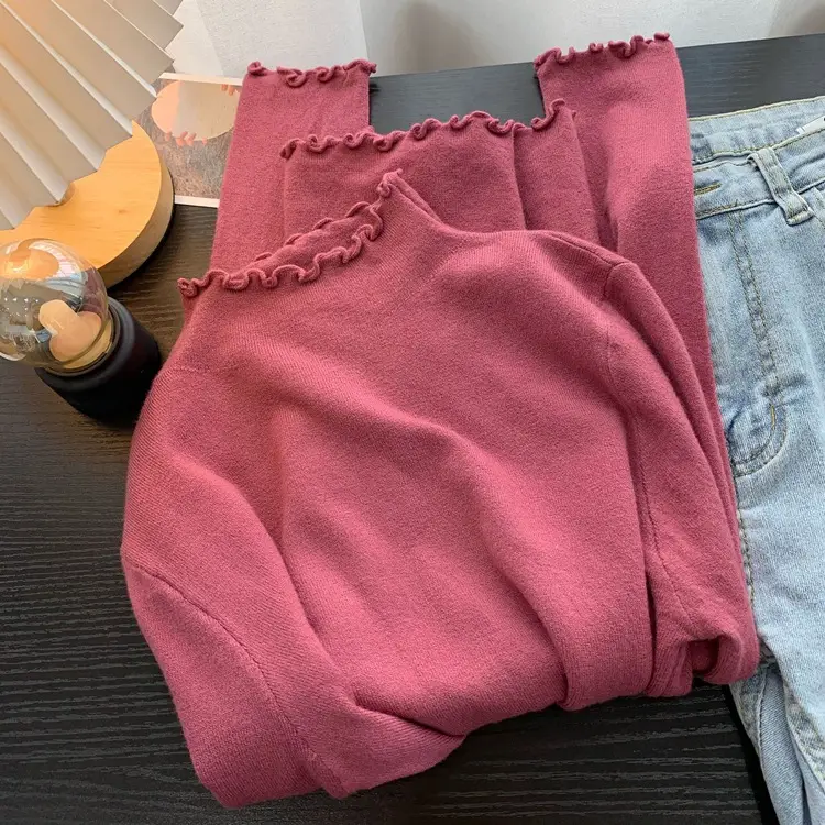 Women's Blue Half Turtleneck Cashmere Long Sleeve Shirt - Image 8
